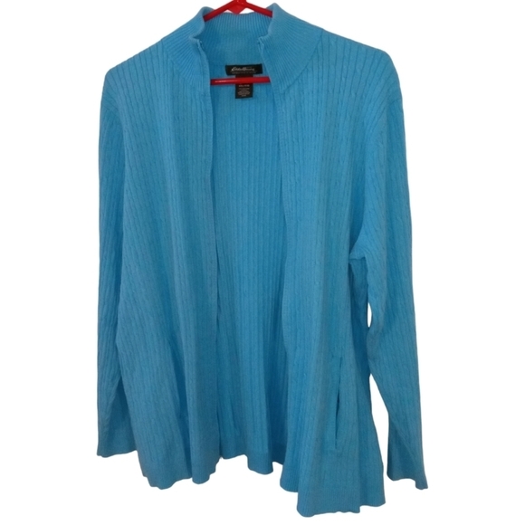 Cable Knit Full Zip Cardigan Eddie Bauer Teal Pocketed Granniecore Layering XXL - Picture 2 of 15